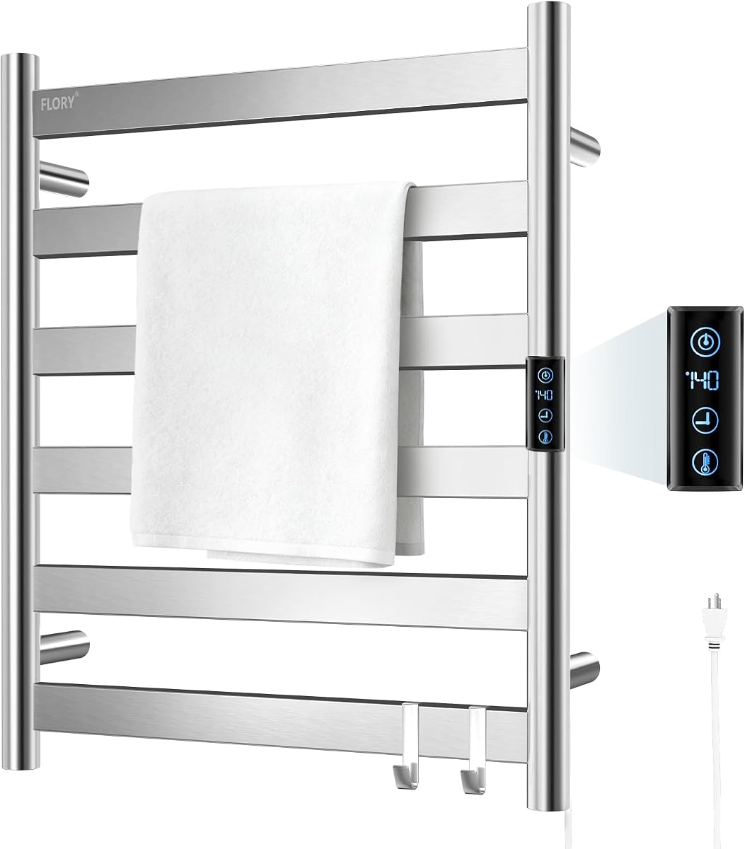 Toallero térmico para baño, calentador de toallas de pared de 6 barras, eléctrico | Montado en la pared, tiempo y temperatura de control inteligente, 100-140° C, acero inoxidable, enchufable, superficie de calefacción grande, calor rápido