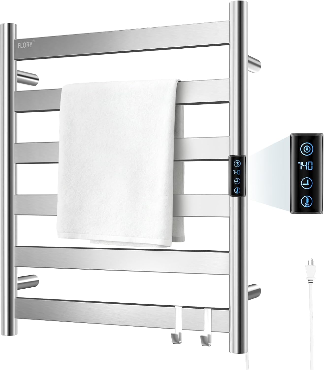 FLORY 6-Bar Heated Towel Rack: Wall-Mounted Warmer with Timer and Memory Function