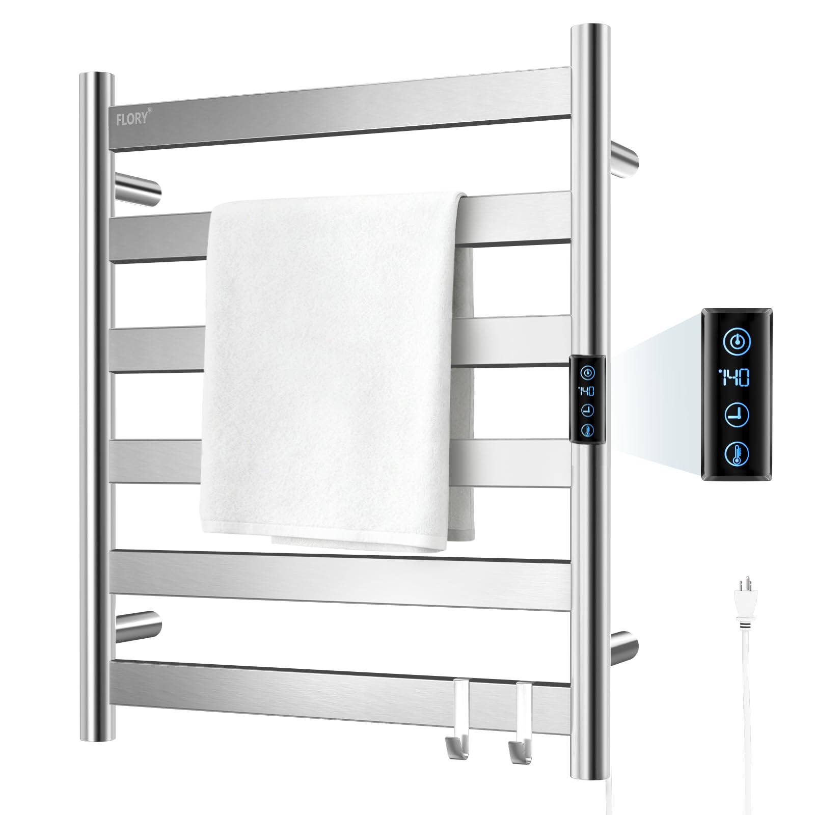Photo 1 of R FLORY Heated Towel Rack for Bathroom, 6 Bar Wall Mounted Towel Warmer Rack Flat with Timer & Temperature, Electric Towel Heater with LED Display Screen, Plug-in,Brushed Nickel