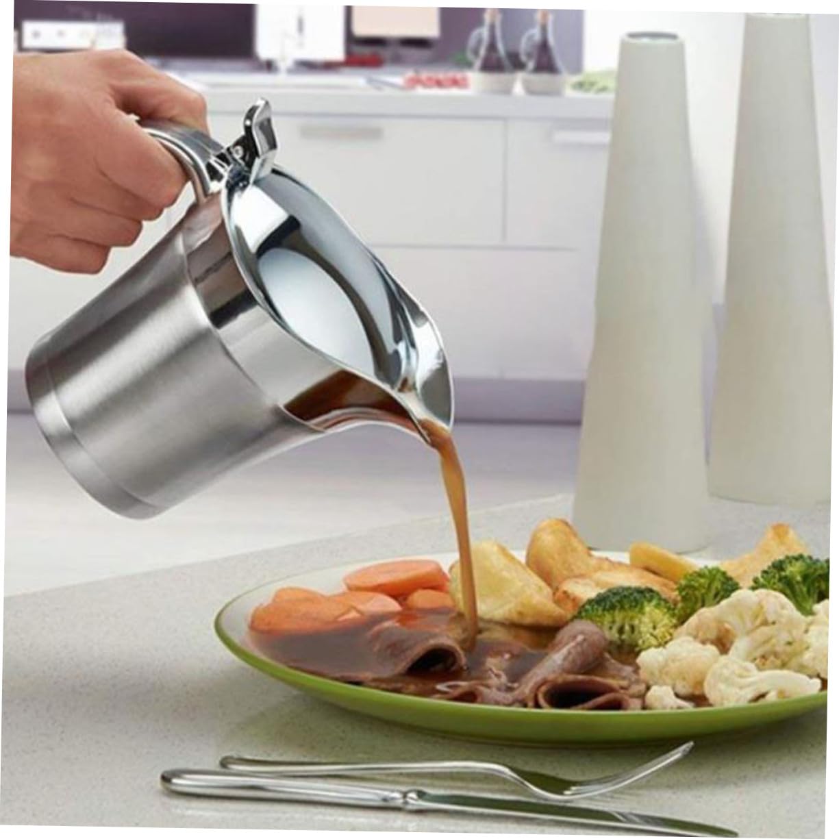 Zerodeko Pot à Sauce Inox 304 Double Paroi 450 Ml Couvercle en Acier Inoxydable Distributeur Isolant pour Restaurant la Cuisine Maison