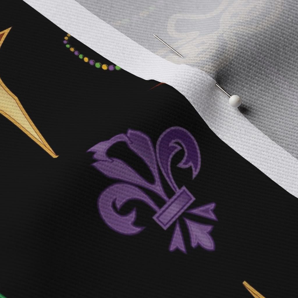 Spoonflower Fabric - Mardi Gras Pattern Black Green Purple Gold Beads Festival Celebration Printed on Denim Fabric Fat Quarter - Bottomweight Apparel Home Decor Upholstery