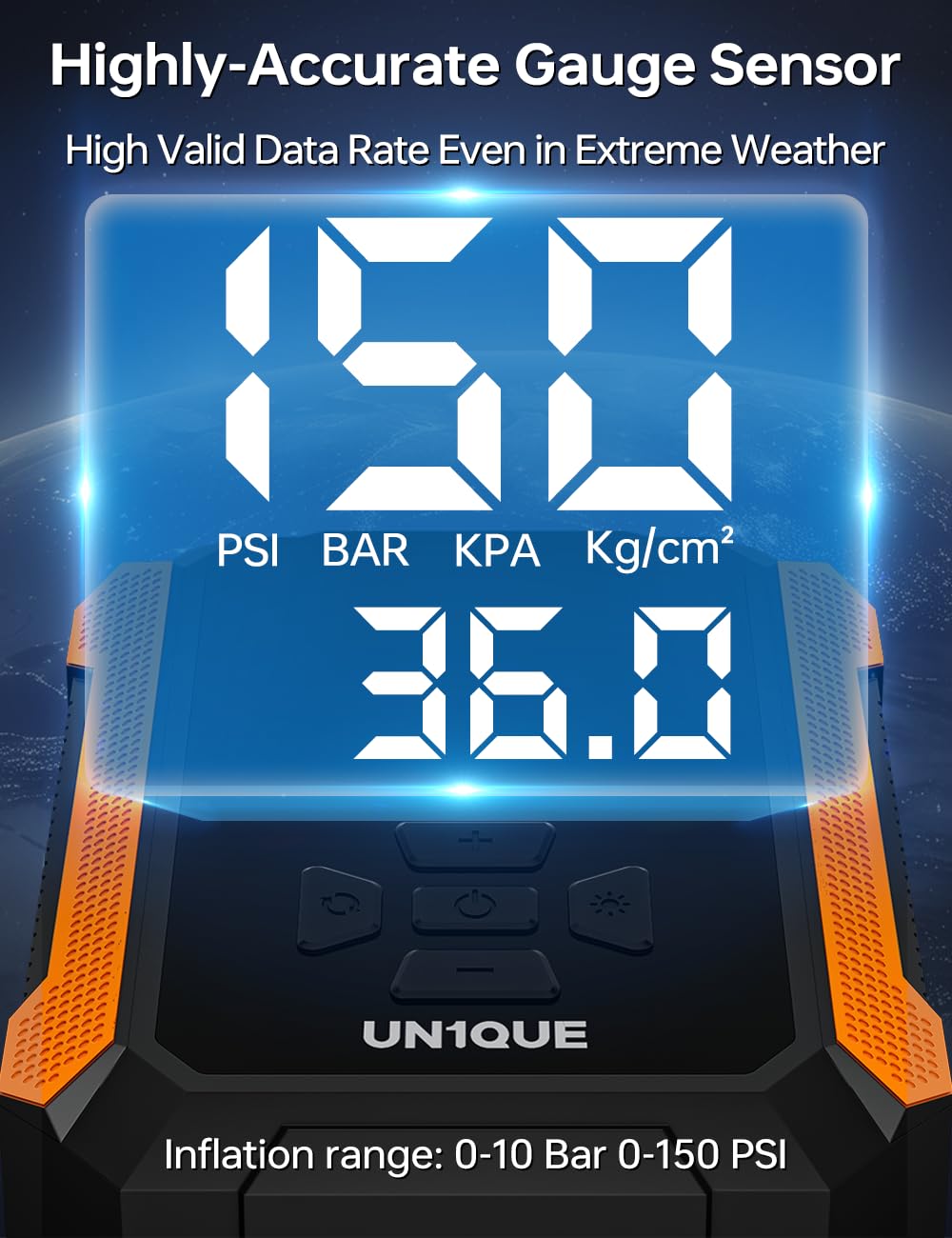 UN1QUE Digital Tyre Inflator for car, 150PSI Electric Car Air Pump, 12V DC Portable LCD Display Air Compressor, Fast Inflation Speed air inflator for car(Black-Orange)