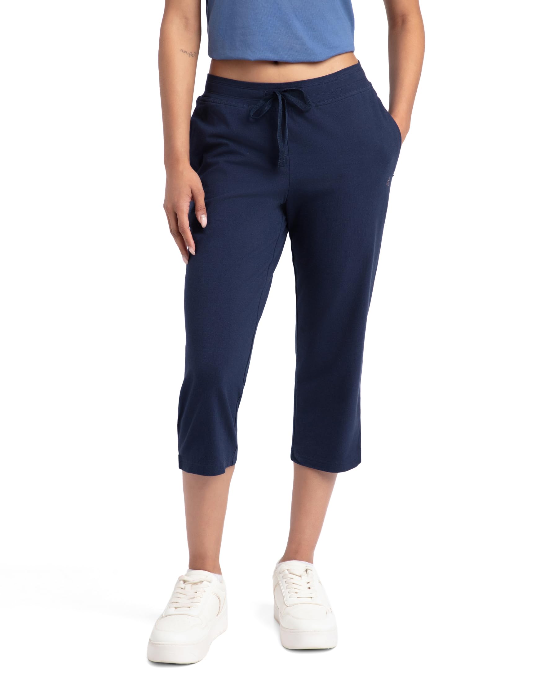 Women Modern Fit Cotton, Elastane Capris (1300_Navy Blazer_Large_Navy Blue_L)