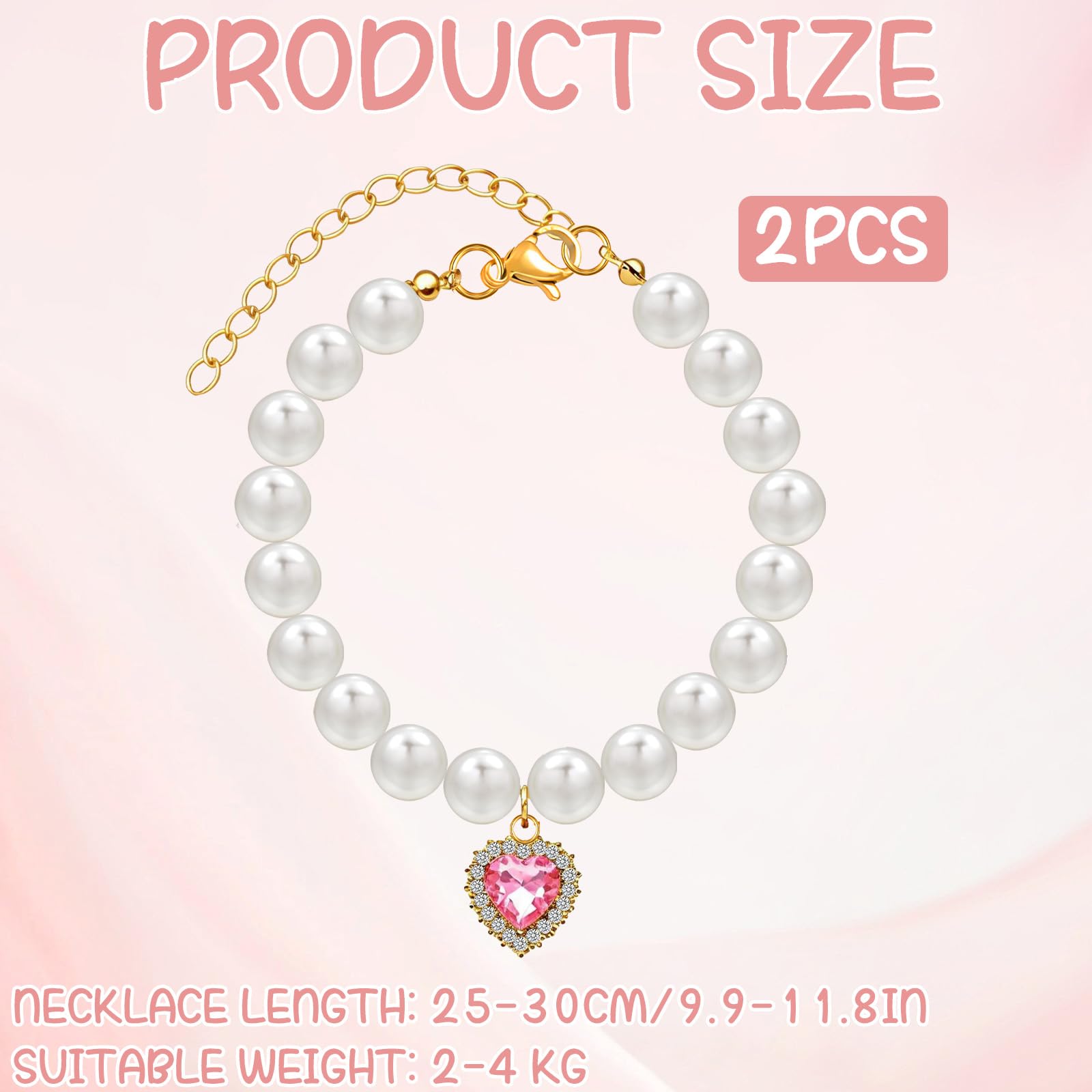 2 Pcs Cat Pearl Collar with Heart Shape Pendant Rhinestone Cute Pearl Pet Necklace - Image 2