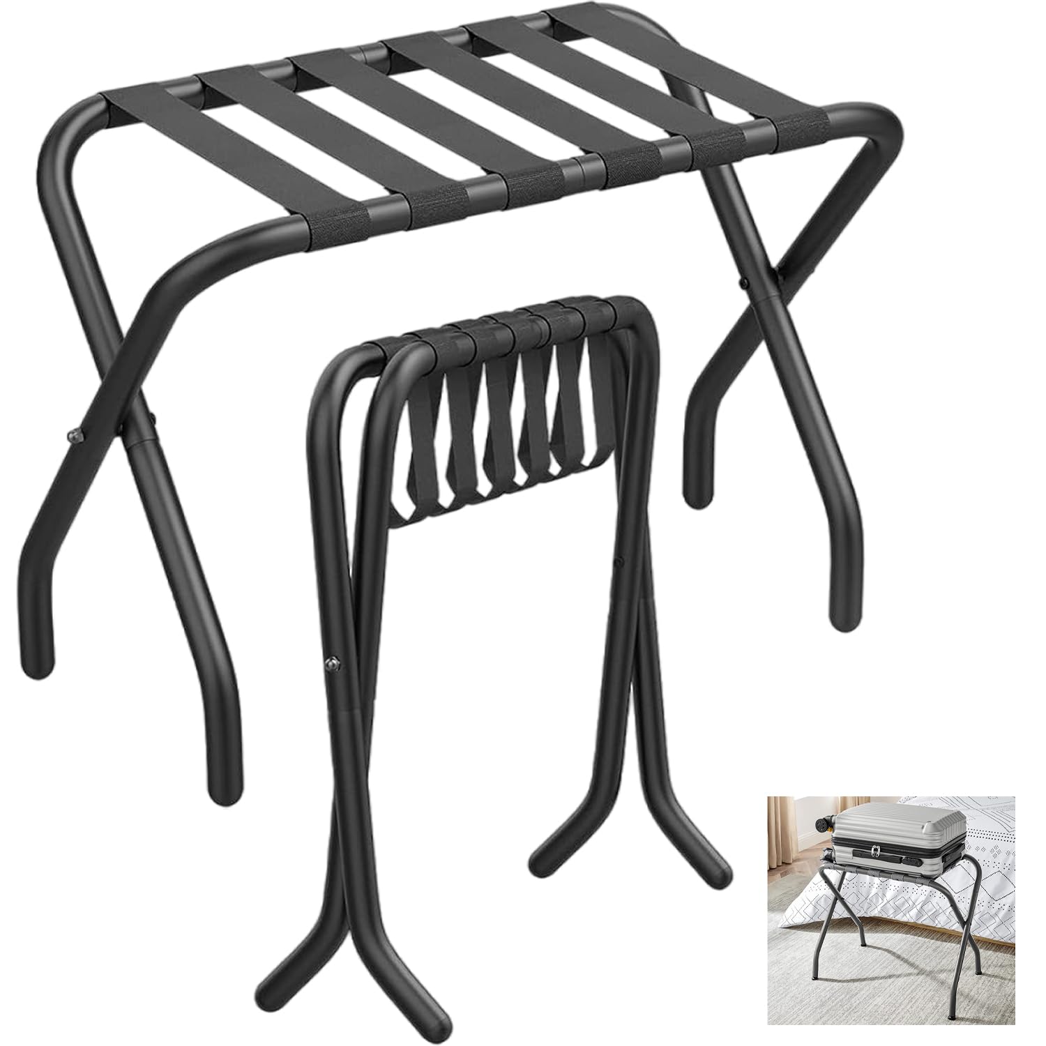 Set di 2 portavaligie pieghevoli con ripiano in metallo, 68 x 38 x 50 cm, portavaligie pieghevole in nero per borse e valigie, portavaligie adatto per camera, albergo