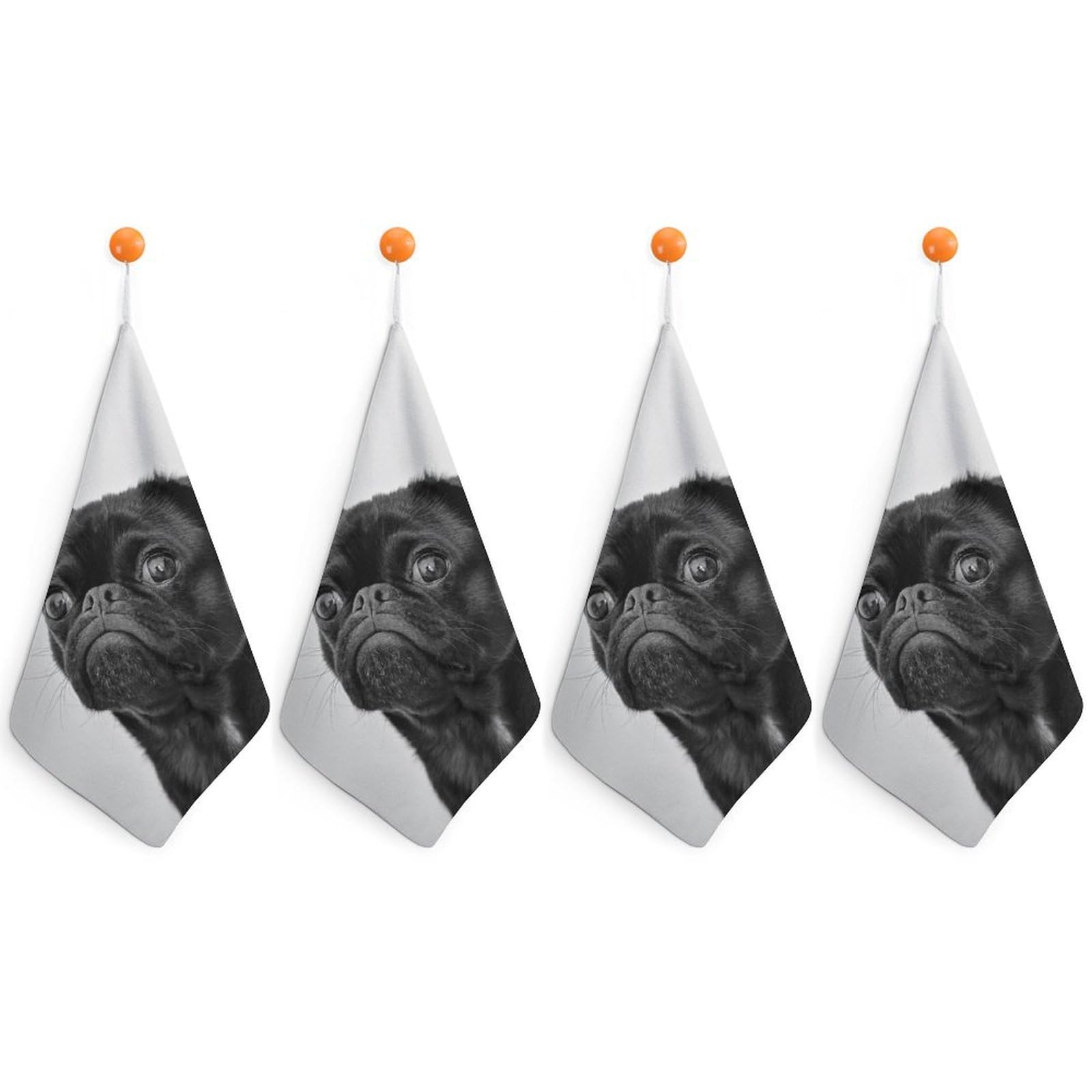 LWORZIIB 4 Piece Hanging Hand Towels, Cute Black Pug Dog Small Dry Hand Towel for Kitchen Bathroom