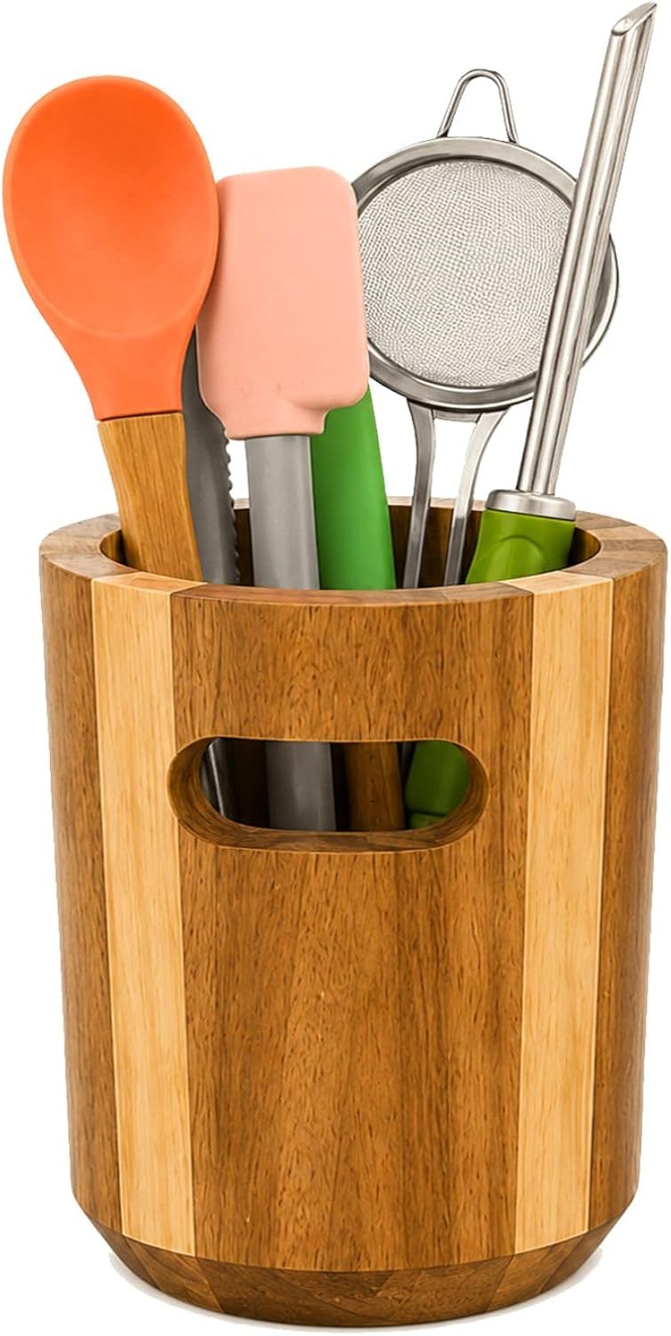 Acacia Wooden Utensil Holder | Kitchen Utensils Holder & Organizer for Countertop | Rustic Farmhouse Style Utensil Pot (Small 11×14.5cm)
