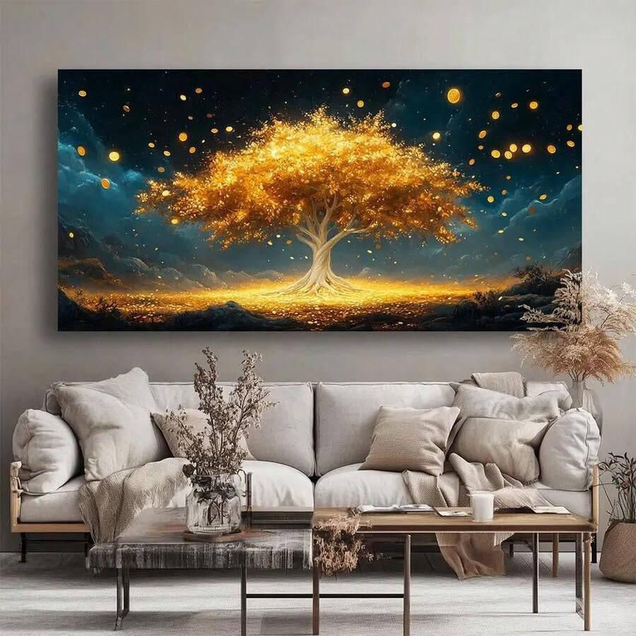 Toile Arbre aux pièces d'or moderne pour illuminer un salon sombre avec un ciel nocturne