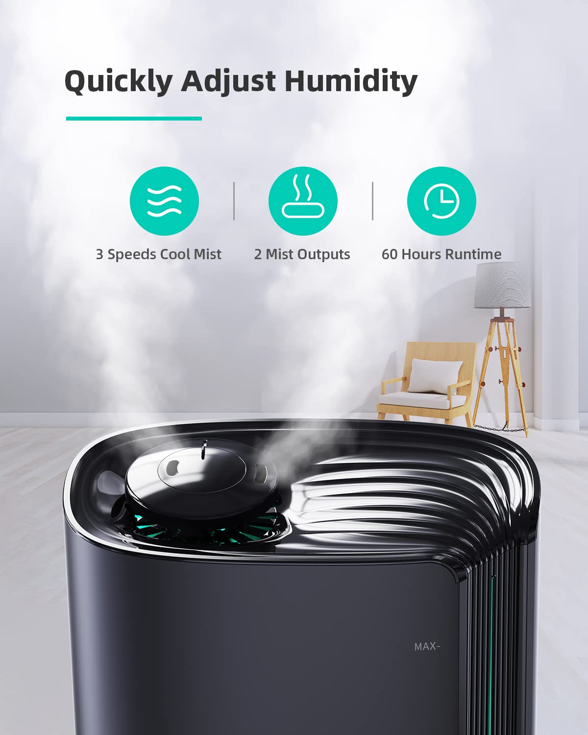 6L Humidifiers for Bedroom Cool Mist Humidifiers for Large Room Ultra Quiet Top Fill Humidistat Ultrasonic Humidifier with Essential Oil Diffuser Air Vaporizer (6L/1.6Gal, Black)