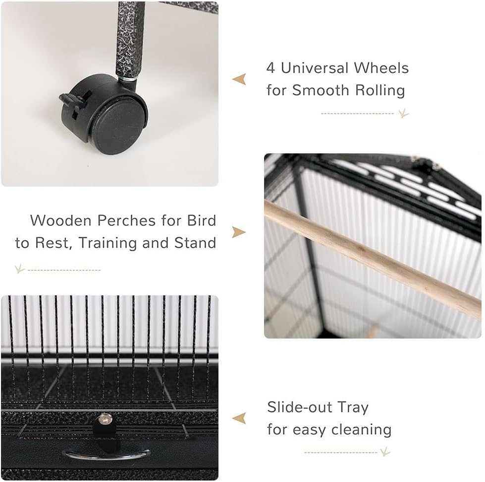 TDOO 47'' Bird Cage, Bird Flight Cages with Rolling Stand & Bottom Tray, Wrought Iron Birdcage for Parakeet, Parrot, Lovebirds, Pigeons, Cockatiels, Macaw