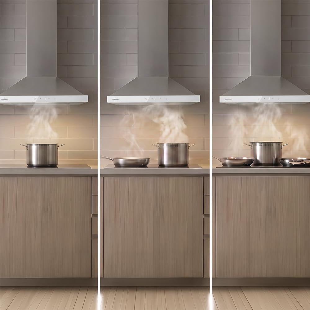 Cecotec Okap piramidalny 50 cm Bolero Flux PT 504400 Inox A++. Przednie szkło w kolorze białym, ssanie 449,5 m³/h, niewidoczna kontrola dotykowa, funkcja wzmacniacza, filtry zmywalne, klasa A++