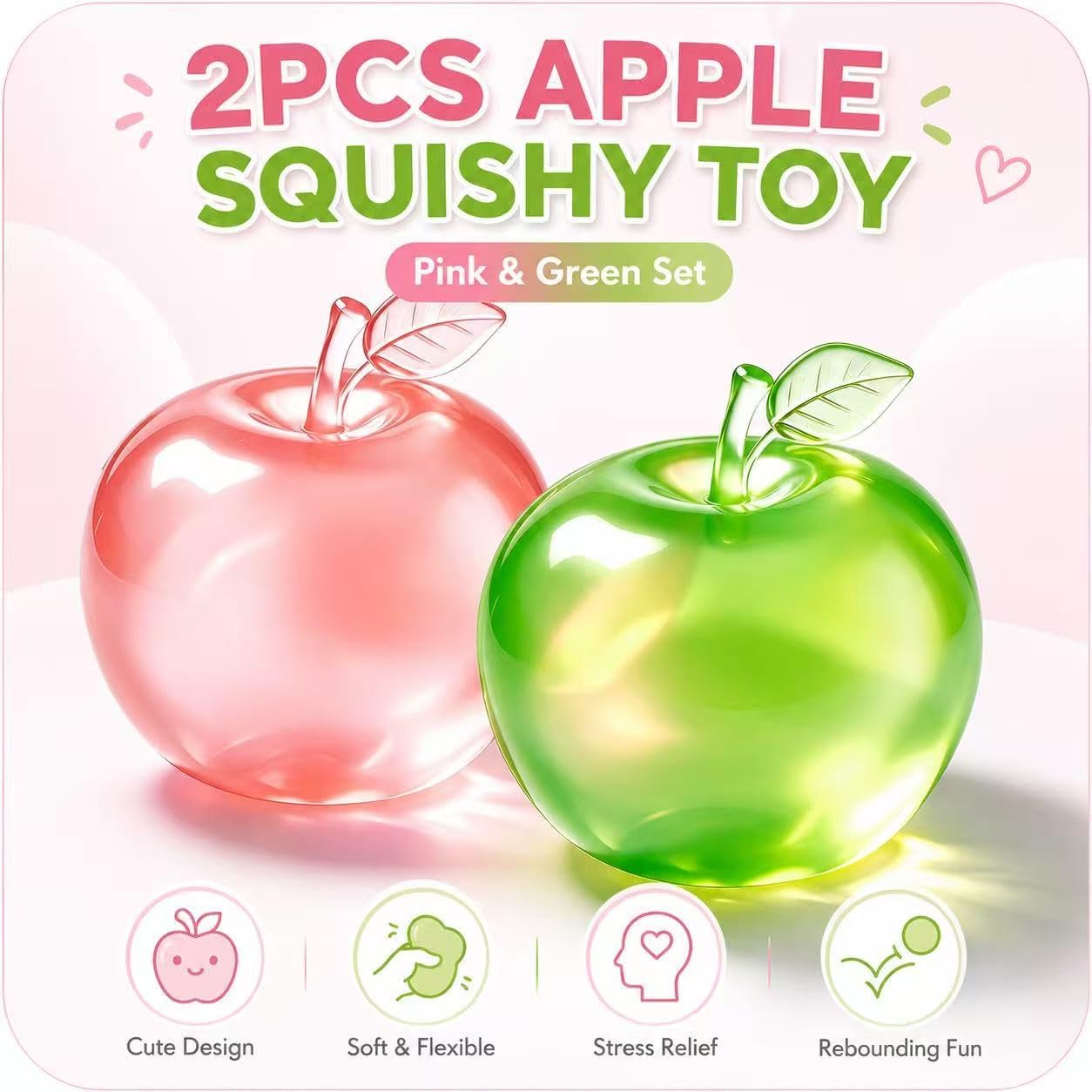 2 Pcs Apple Squishy Toy Pink & Green Slow Rebound Clear Fruit Squeeze Fidget Toy Anxiety Relief Soft Stress Ball Sensory Toy