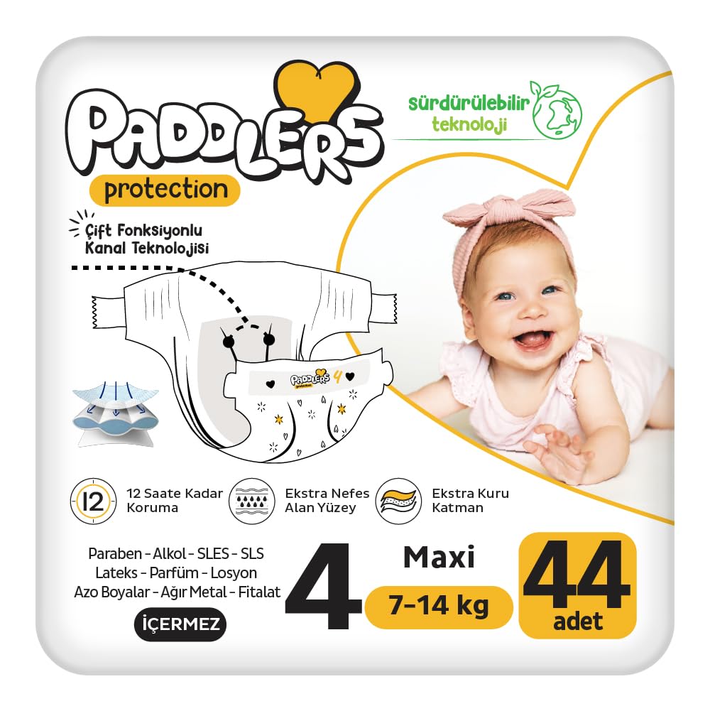 Paddlers Protection Bebek Bezi 4 Numara Maxi (7-14 Kg) 44 Adet – Jumbo Paket, Maksimum Koruma