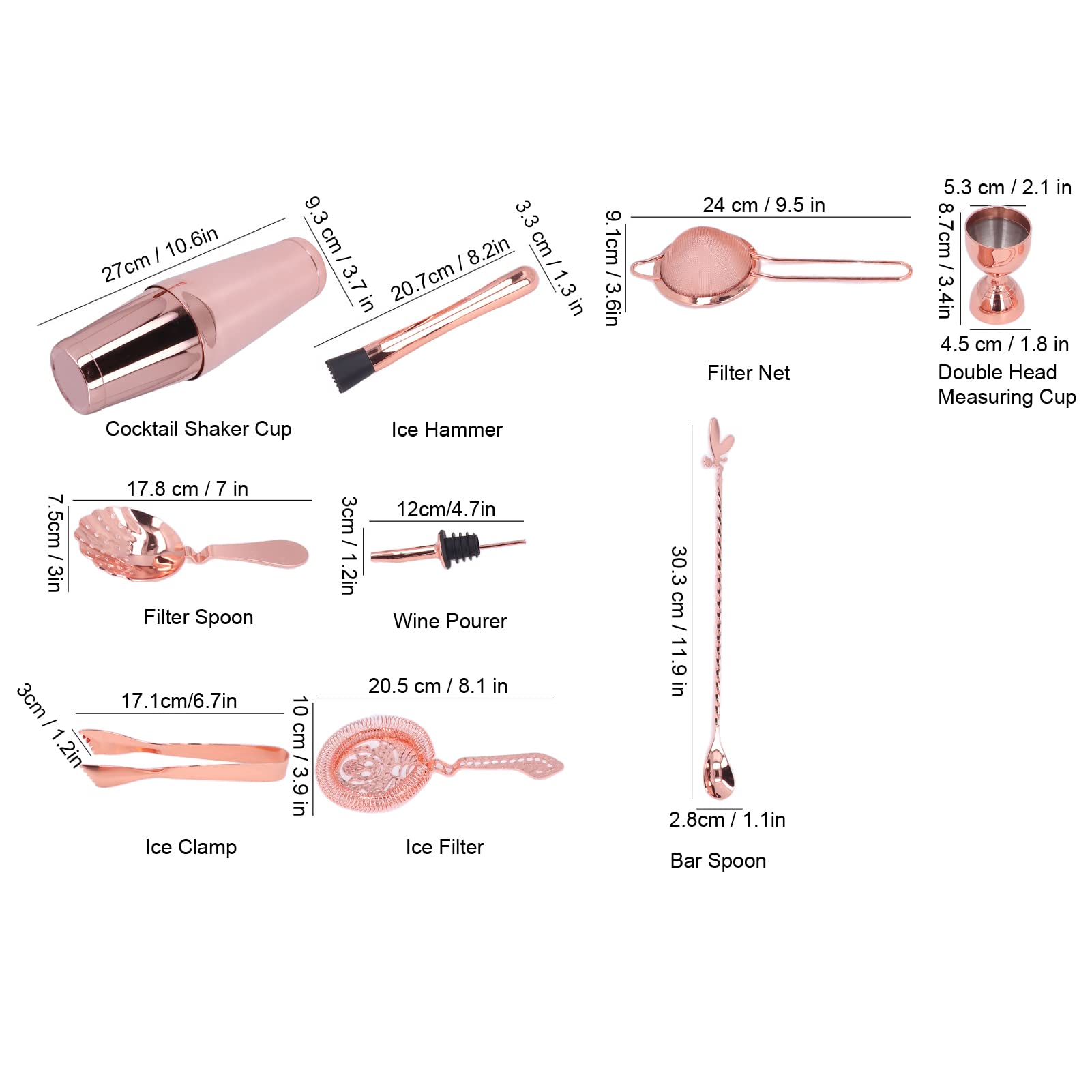 Juego De Coctelera De 11 Piezas, Kit De Barman, Juego De Mezclador De Bebidas De Acero Inoxidable Herramienta De Mezcla De Cóctel De Barra Colador De Coctelera De Martini para(Rose Gold)