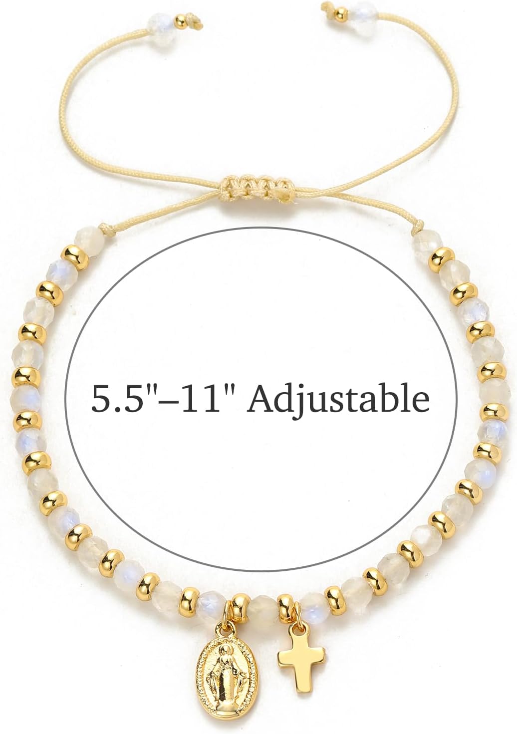 Glowave Catholic Gold Cross Bracelet for Women, Beaded Adjustable Faith Jewelry with Moonstone and Virgin Mary Medal, Religious Gifts for Women - Image 7