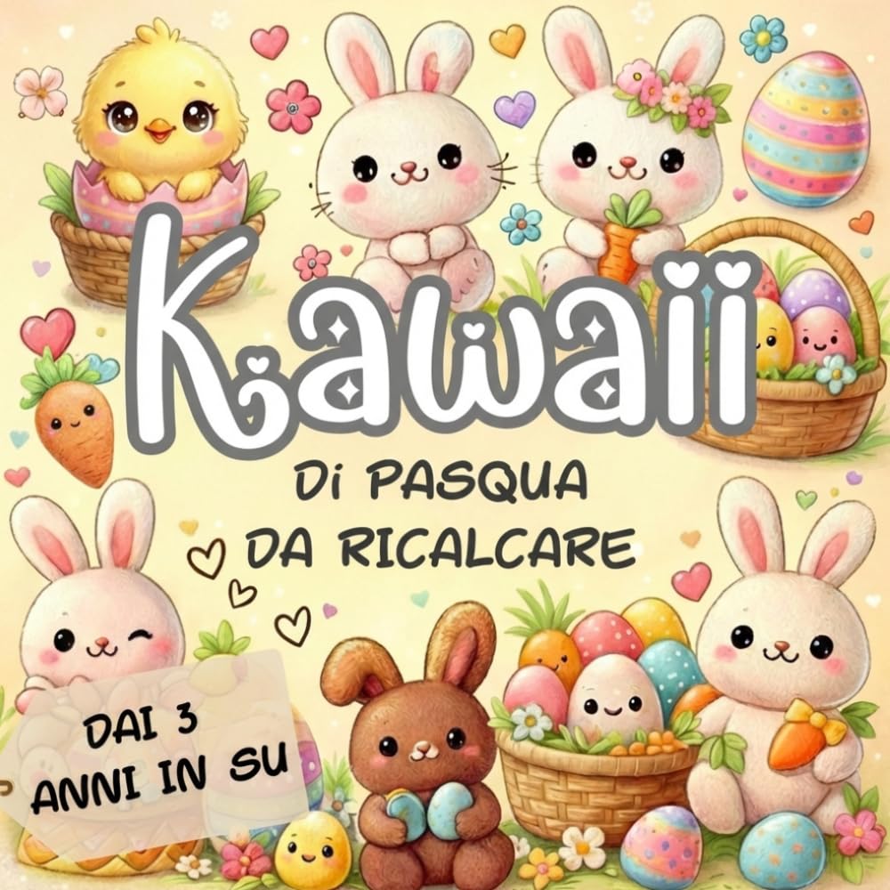 Kawaii di Pasqua da Ricalcare e Colorare: Libro attività di Pasqua per bambini 3 anni in su con coniglietti, uova e pulcini ecc. facili da tracciare e colorare