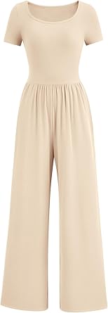 PRETTYGARDEN Women's Summer One Piece Jumpsuits Dressy Casual Short Sleeve Square Neck Wide Leg Jumpsuit Rompers