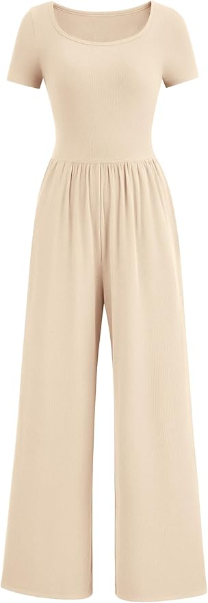 PRETTYGARDEN Women's Summer One Piece Jumpsuits Dressy Casual Short Sleeve Square Neck Wide Leg Jumpsuit Rompers
