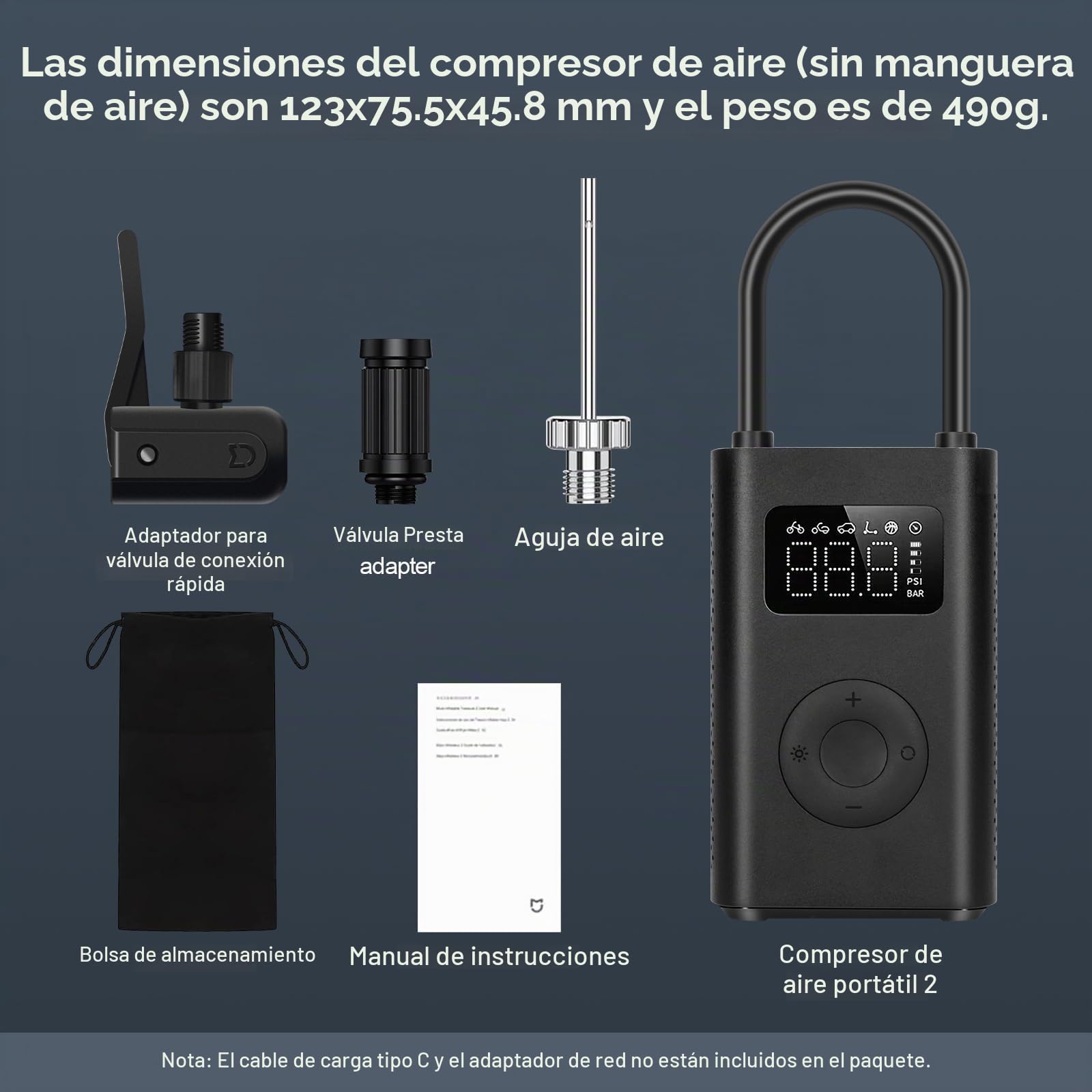 XIAOMI Compresor Aire Portatil 2, Inflador Electrico de 6 Modos, 150 PSI, Batería de 2000 mAh, Pantalla LED, Apto para Coches, Bicicletas, Motocicletas, Scooters y Balones