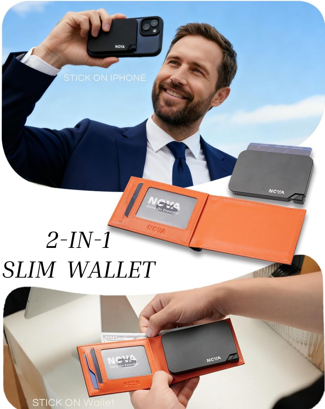 Nova Slim Men Wallet, 2 in 1 Detachable Magsafe Metal Pop Up Card Holders for iPhone(IOS), Minimalist RFID Blocking Wallet with Cash Slot, Birthday Gifts For Man (Black) - Image 2