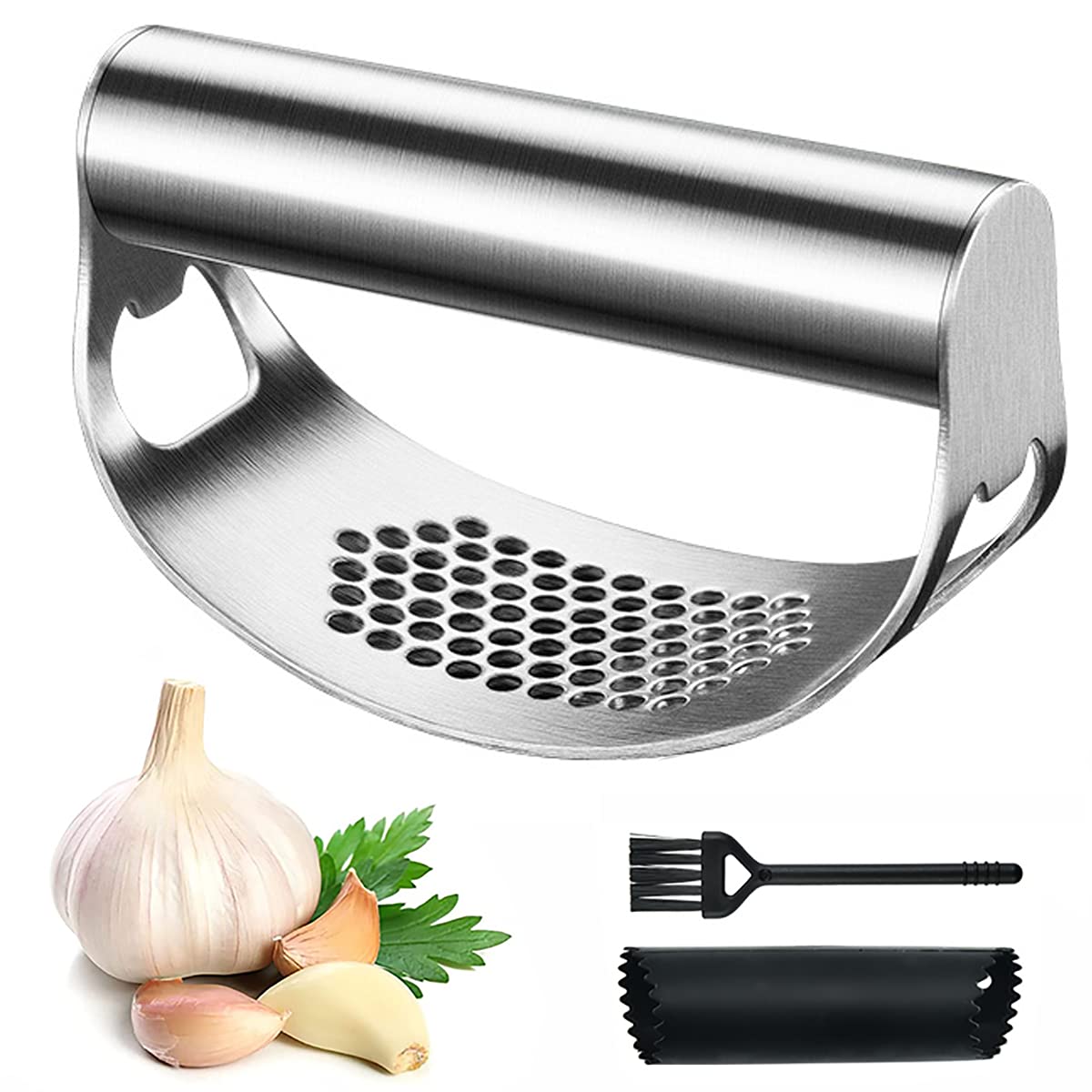 Premium Stainless Steel Garlic Press with Handle Rocker Garlic Crusher Squeezer Slicer Mincer Chopper with Silicone Tube Peeler and Cleaning Brush Tool