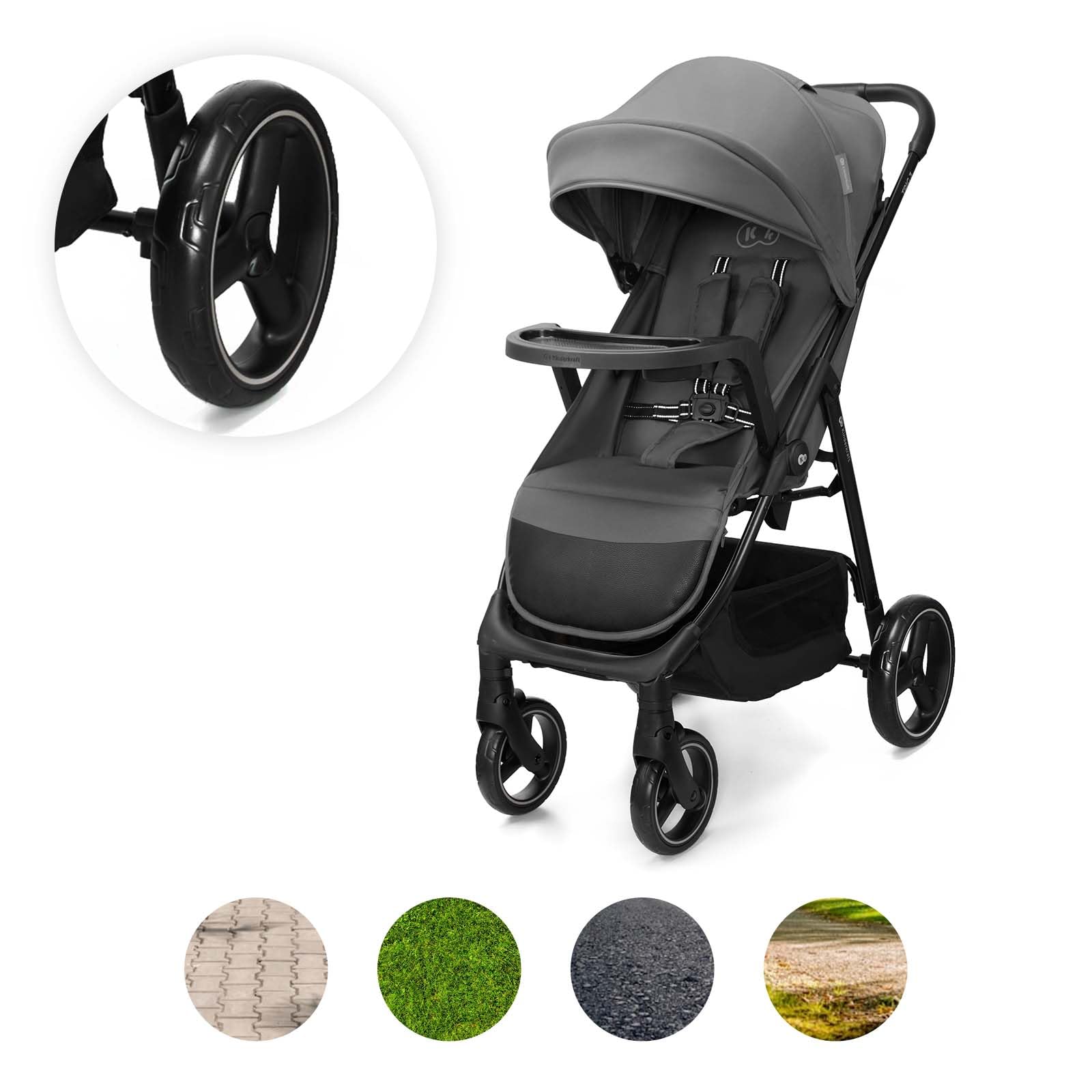 Kinderkraft TRIG 3 con vassoio, Passeggino 22 kg, CLICK & FOLD, Grigio