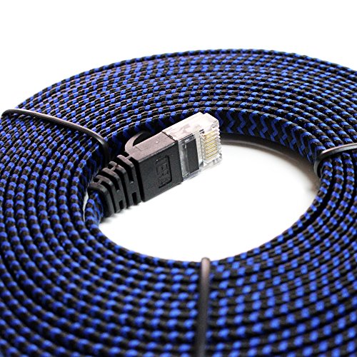 Tera Grand - 12 Ft Cat6 10 Gigabit Ethernet Ultra Flat Braided Network Cable, Black/Blue, Computer Internet Lan Cable With Snagless Rj45 Connectors (12 Feet) #TOP2