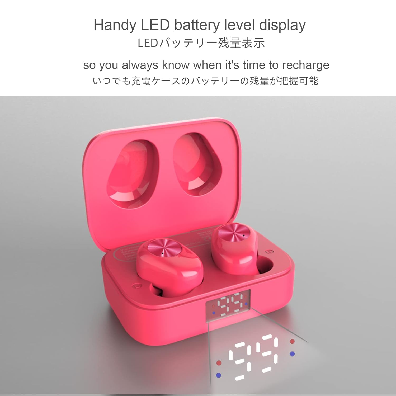 Close-up of the Eono Eonobuds 1 charging case with an illuminated LED battery level display showing '99'.