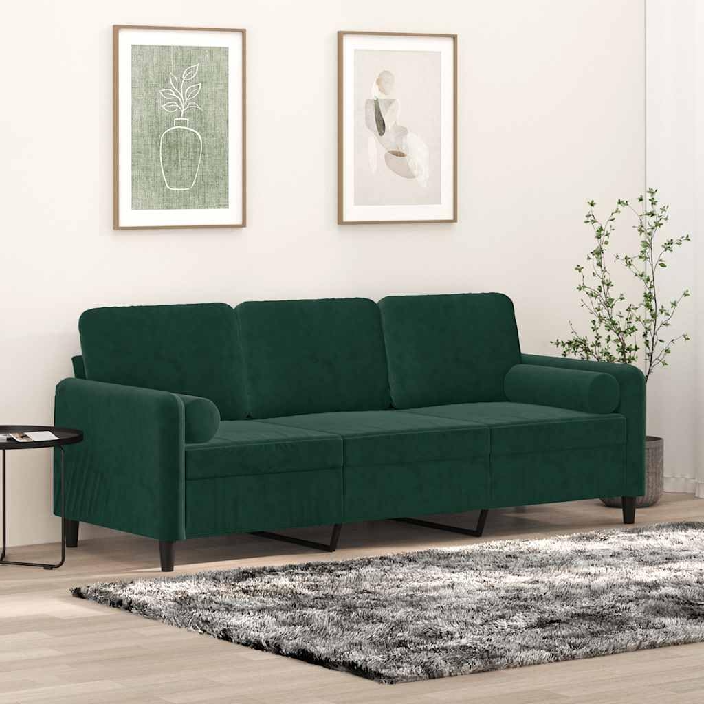 Divano 3 Posti Verde Scuro 180 cm Tessuto Velluto Struttura in Metallo con 2 Cuscini Decorativi Salotto Resistente