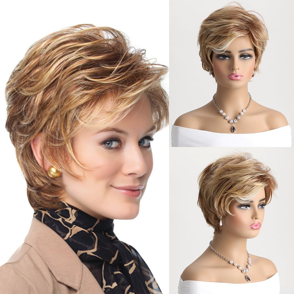 LEOSA Short Ombre Blonde Pixie Cut Wig With Bangs Layered Curly Brown Mixed Blonde Highlight Wigs with Side Bang for White Women Wavy Shaggy Wig Natural Looking Synthetic Blonde Curly Wig