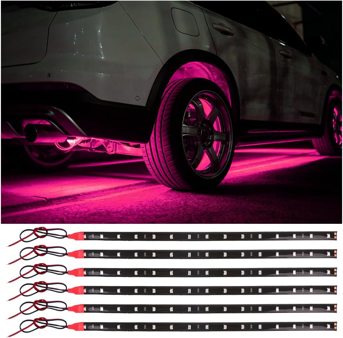 6PCS 1Ft 12V Car LED Light Strip for Underbody, 15 LED Flexible Car Light Strip with Adhesive Backing, Auto Interior & Exterior Decoration Lights for Motorcycle Boat (Pink)