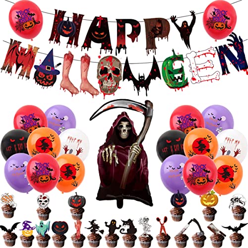 HOMEK HO1092 Halloween Décoration Set, 43pcs Halloween Decoration Effrayante Deco Halloween Interieur, Halloween Tête de Mort Aluminium Ballon Halloween Bannière Topper de Gâteau Citrouille Fantôme Cover