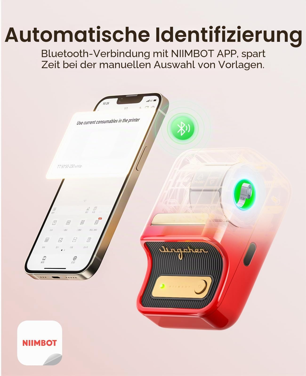 NIIMBOT B21S Bluetooth Etikettendrucker, Beschriftungsgerät Selbstklebend Kompatibel Mit IOS Android, Tragbares Etikettiergerät für Zuhause und Büro Schule und Kleine Unternehmen(Rot)
