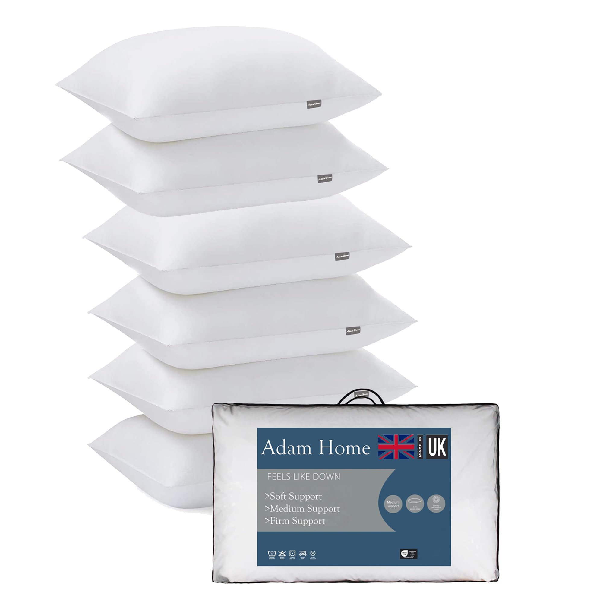 Adam HomePillows 6 Pack Hotel Quality Side Sleeper Bounce Back Bed Pillow Quick rebound & Dust Proof Resistant Premium Filled Down Pillows Pack of 6