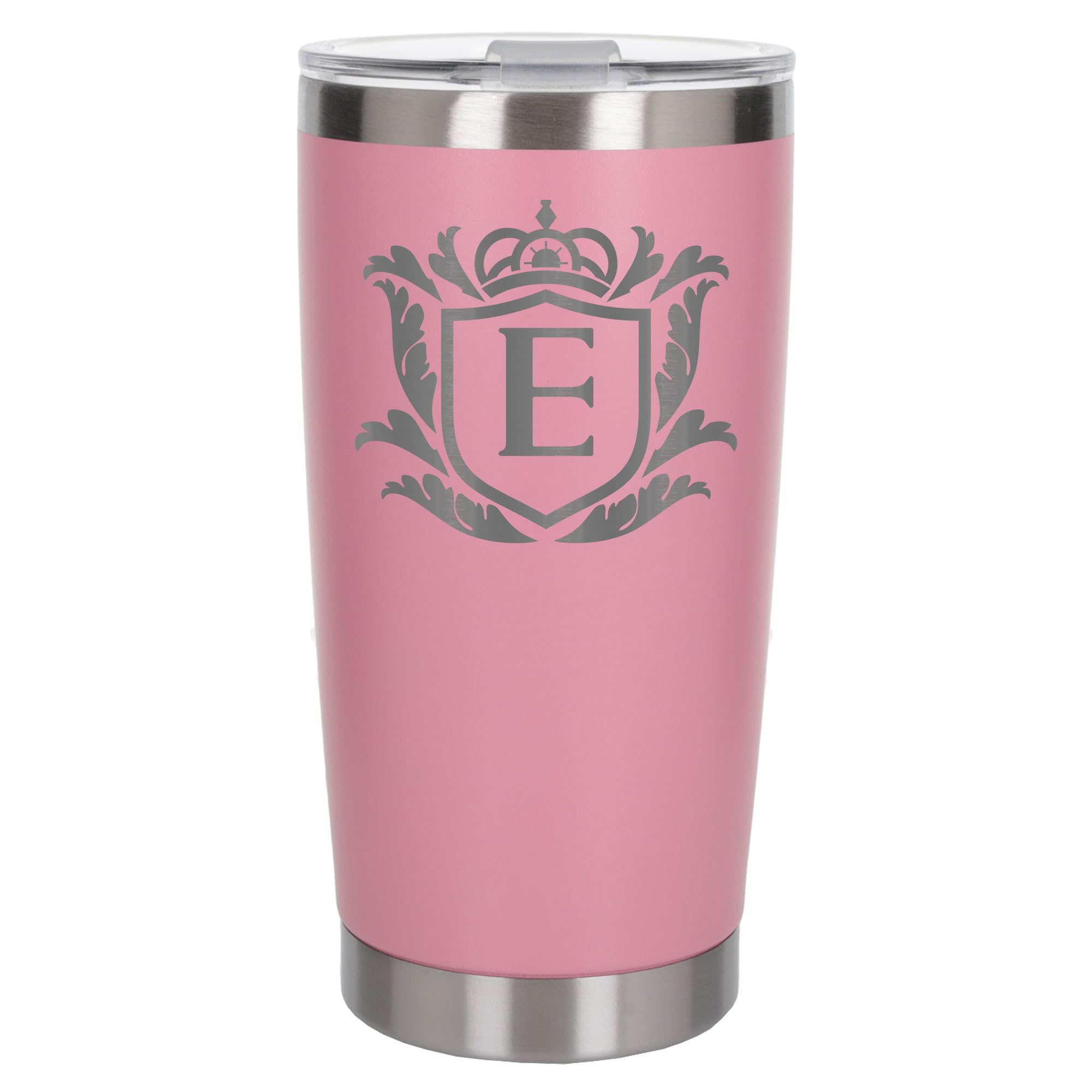 Customised Gifts 500ml Engraved Shield Initial Monogram Insulated Personalised Light Pink Travel Mug for Men and Women - Personalised Initial Coffee Travel Mug for Hot and Cold Beverages, Letter E — image 1