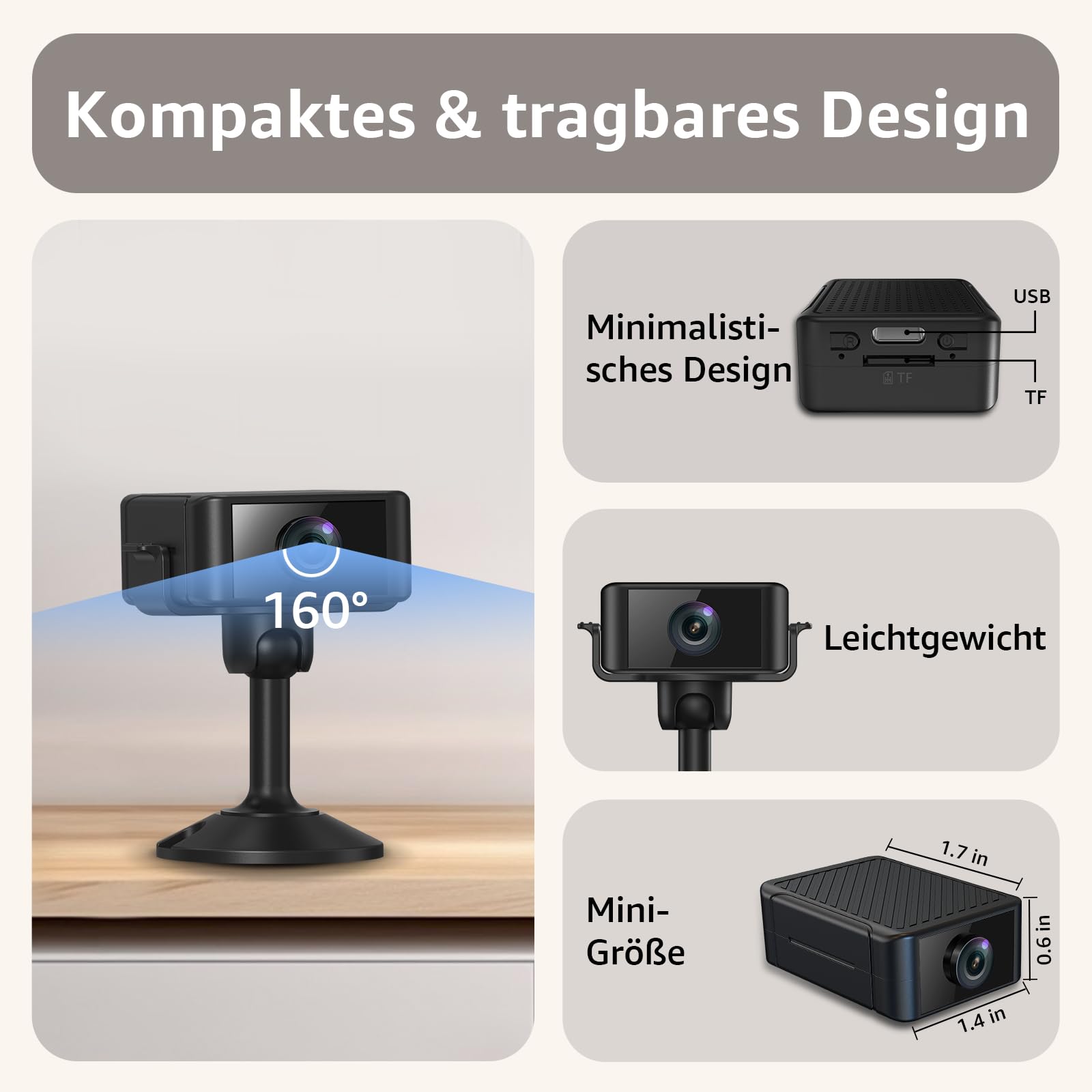 Mini Kamera, 4K HD WLAN Überwachungskamera Innen Für Live Übertragung Handy APP, WiFi Camera Nachtsichtkamera mit Bewegungsmelder/Lange Batterielaufzeit/Cloud-Speicherplat