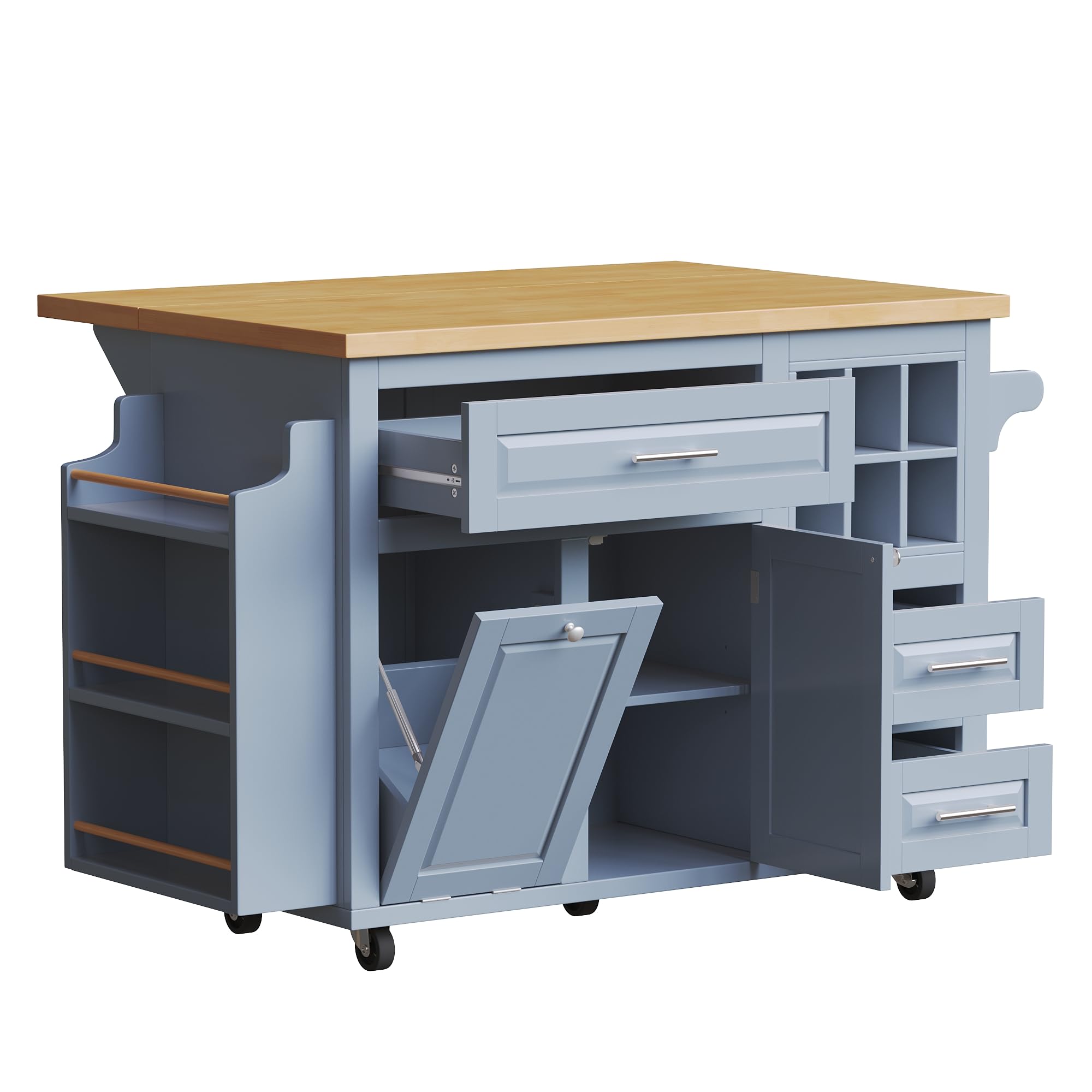 Isola da cucina mobile, carrello da cucina, tavolo da pranzo estensibile, armadietto da cucina con cassetti, cestino per vino rimovibile, scaffale laterale per snack, pattumiera, 143 x 75