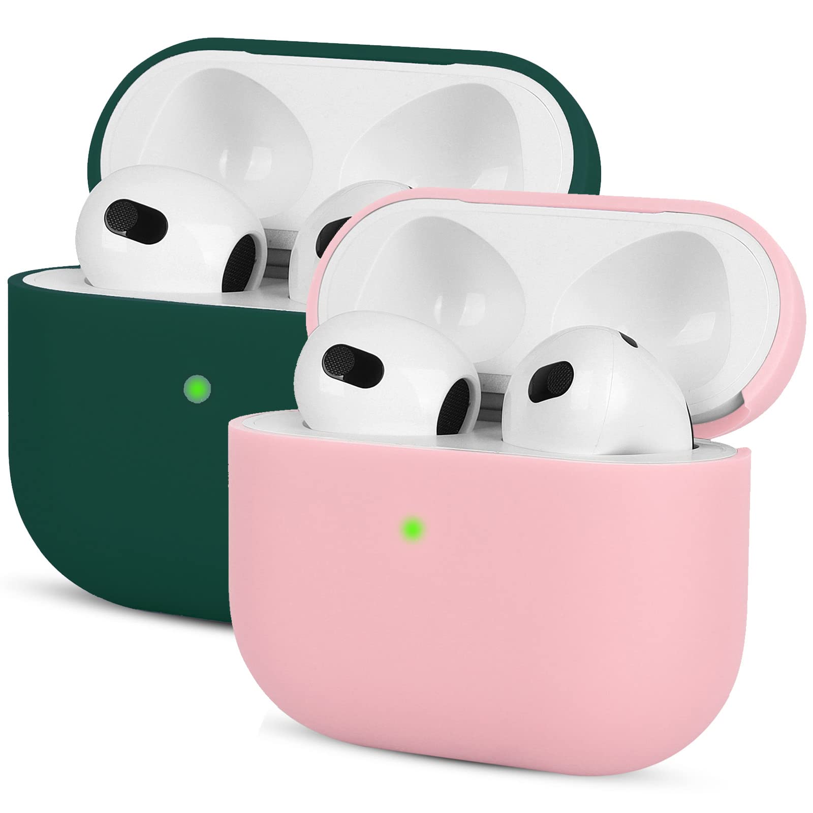 2 Piezas Compatible con AirPods 3 2021, Mocarheri Anti-rasguños Ultradelgada Fundas Protectora de Silicona para AirPods 3.ª Generación, LED Visible Frontal, Rosa/Verde Oscuro