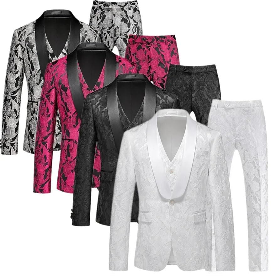 Pohullan Men 3-Piece Suit Wedding Party Dress Jacket Trousers Vest Dance Party Suit Gray XL2