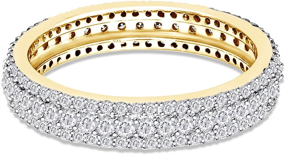 SAVEARTH DIAMONDS 14k Gold Over Sterling Silver 1 Carat (Cttw) Round Cut Lab Grown Diamond Three Row Full Eternity Engagement Wedding Band Ring Jewelry Gifts For Women