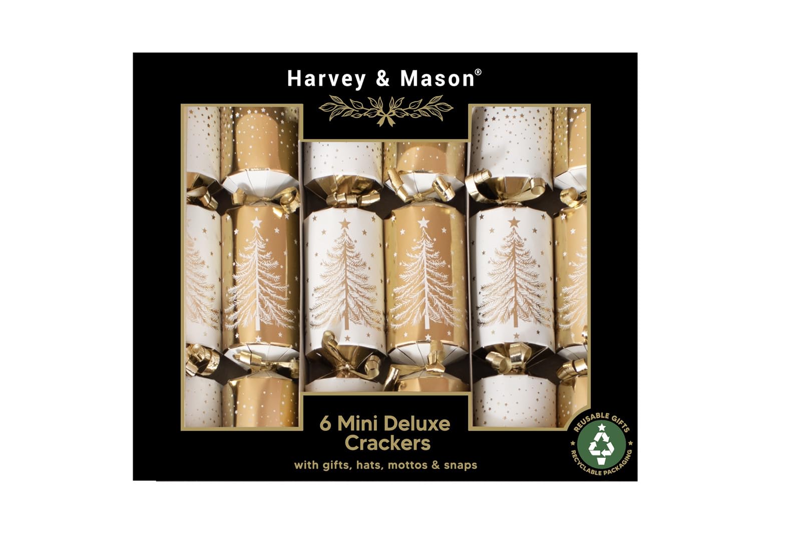 Rsw Gold Harvey & Mason 6 Mini 8.5" Crackers – Elegant Christmas Table Crackers With Christmas Tree Design, Hotstamp & Curling Ribbon – Includes Hats, Mottos & Mini Gifts