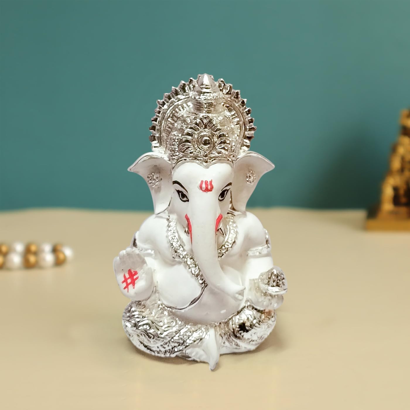 TIED RIBBONS Ganesh Statue for Car Dashboard | Resin, 3 inch | Silver Ganesha Idol for Home, Office, Desk | Baby Ganesha Statues | Indian Decorations for Pooja | Ganesha Decoration