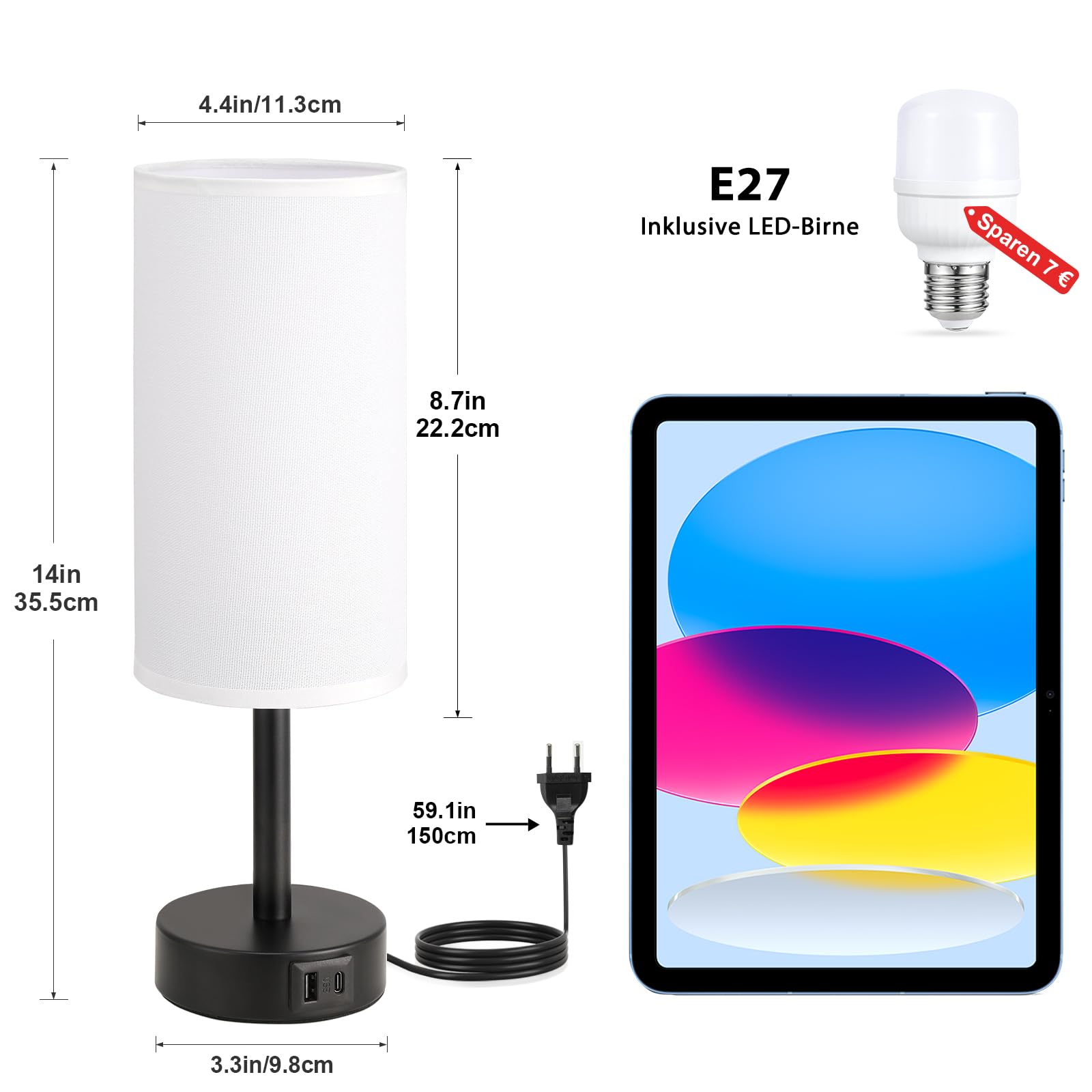 Nachttischlampe Touch Dimmbar, Tischlampe mit USB A+C Ladefunktion, Lampenschirm aus Leinenstoff, Touch Lampe für Nachttisch Wohnzimmer Schlafzimmer Kinderzimmer Büro(Inklusive Birne)