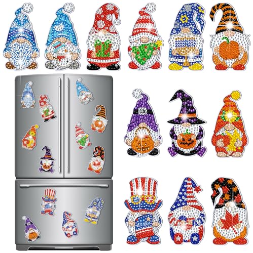 Frienda 12 Pcs Refrigerator Diamond Painting Stickers Diamond Art Stickers Kits Fridge Stickers for Adults DIY Home Cabinet Decors(Gnome)