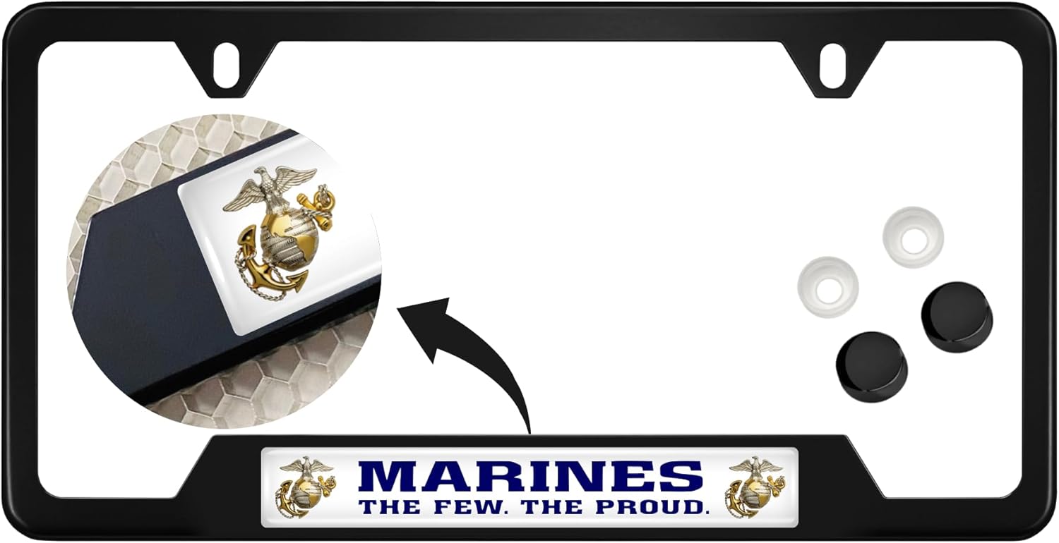 [Officially Licensed USMC Product] - Stainless Steel Black CAR 2-Hole Standard Size - Domed Custom-Made Corrosion-Resistant License Plate Frame with US Marines. The Few The Proud & Free caps -(Qty:1)
