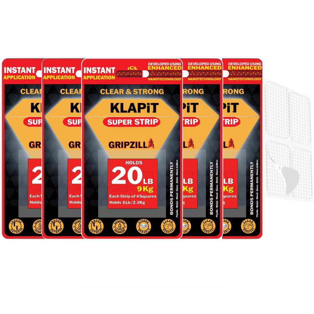 KLAPiT SUPER STRIP GRIPZILLA - Heavy Duty Double Sided Nano Mounting Tape for Hanging Pictures and Glue-Free Fix for Furniture, Kitchen Accessories, Carpet, and Foam, with Four Precut Squares (80 pc)