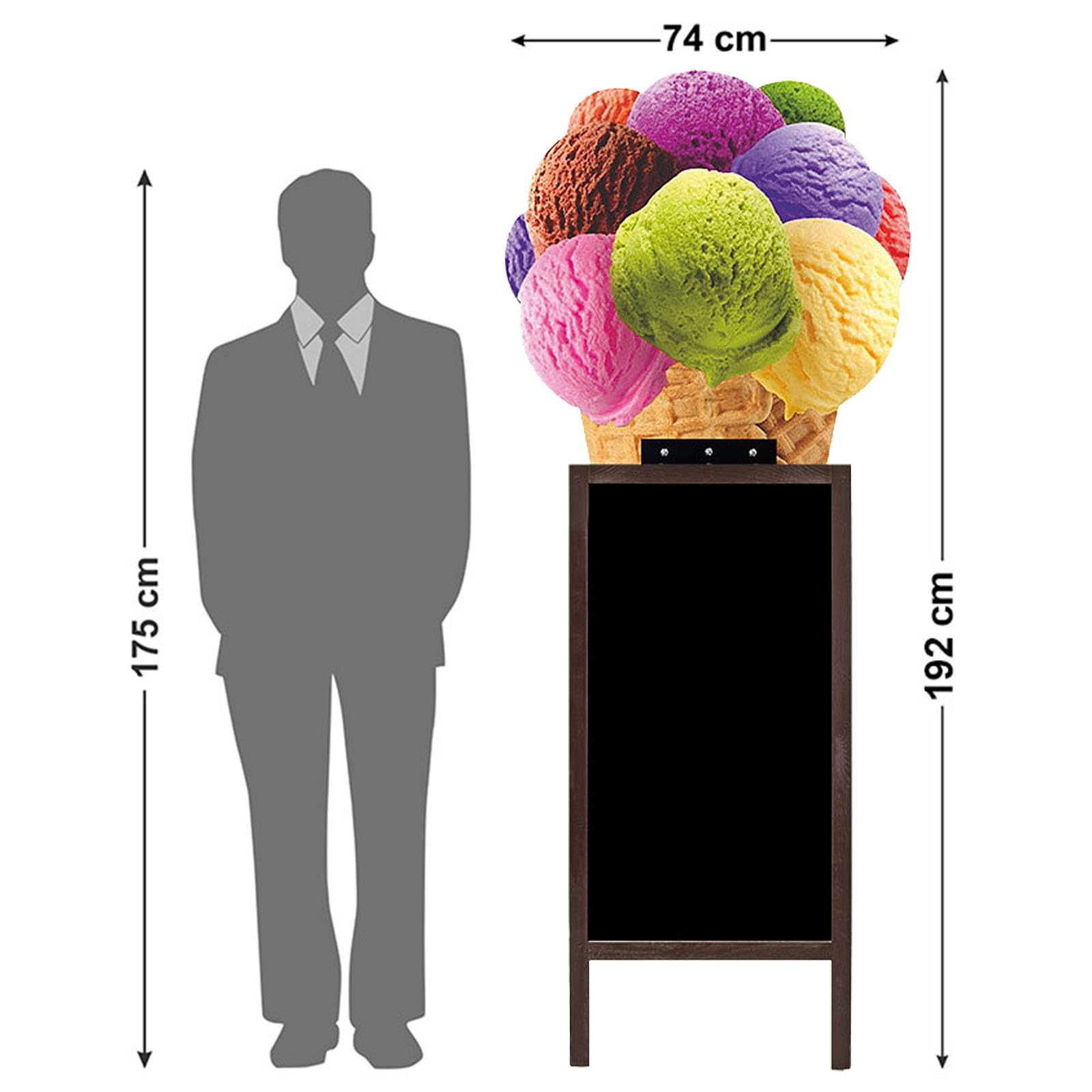 Großer doppelseitiger Kundenstopper 192 x 74 cm, mit HDF-Kreidetafel, braune Holzkonstruktion, 16 Motive für Eisdiele, Café, Restaurant und Gastronomie (9. Pizza Margherita)