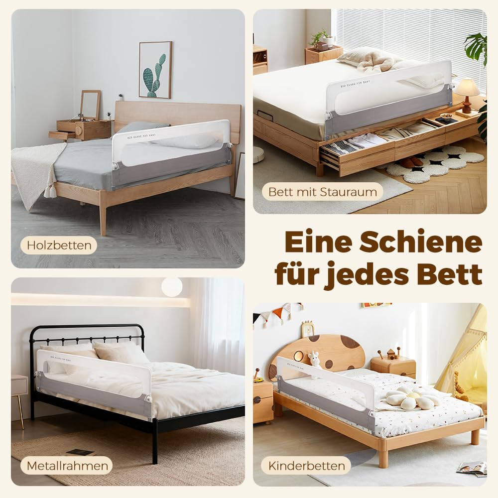 Playpals Baby Bettgitter 150 cm, faltbar & Aufgerüstete U-förmige Basis | 60 cm Höhe stoßfest, Knopf zum Zusammenklappen für den Zugriff, fester Ankergurt, für Queen-, King-, Twin- und Doppelbett