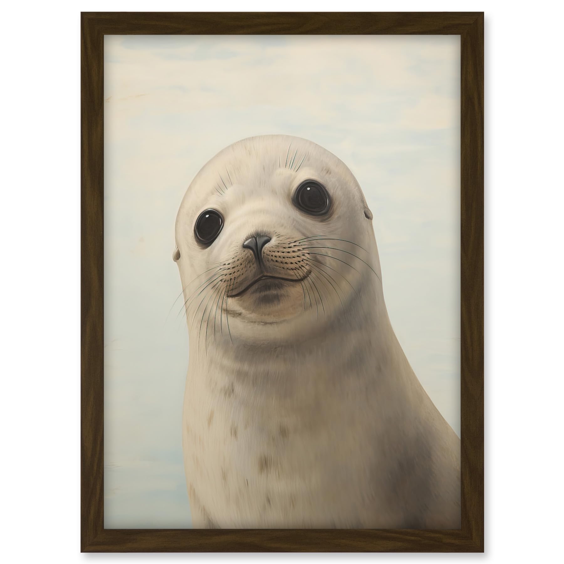 Artery8 Adorable Baby Seal Pup Portrait Oil Painting Calming Kids Bedroom Cute Arctic Animal Artwork Framed A3 Wall Art Print