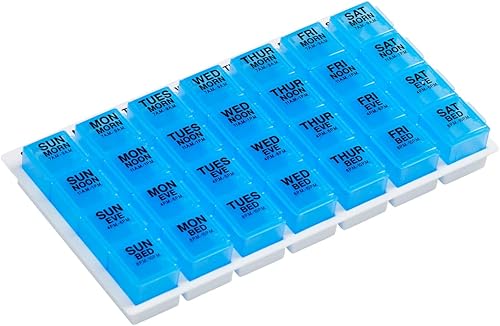 Miniatura 1 de Ezy Dose Organizador semanal de pastillas (7 días), caja de vitaminas y medicamentos, grandes compartimentos desplegables, 4 veces al día, azul